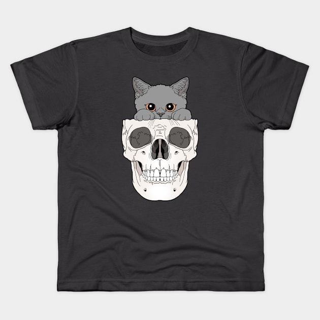 Grey Kitty & Skull Kids T-Shirt by tiina menzel